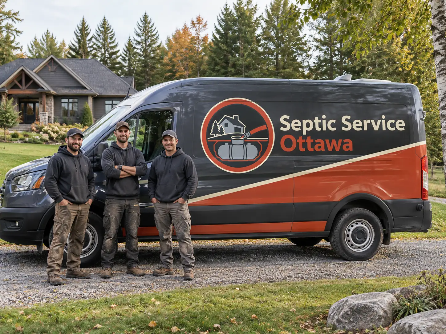 Two Septic Service Ottawa technicians beside a branded service van at a rural Ottawa property